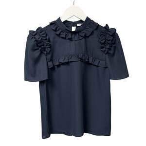 NWT Laura Garcia Navy Blue Short Sleeve Ruffle Betty Blouse Womens 2